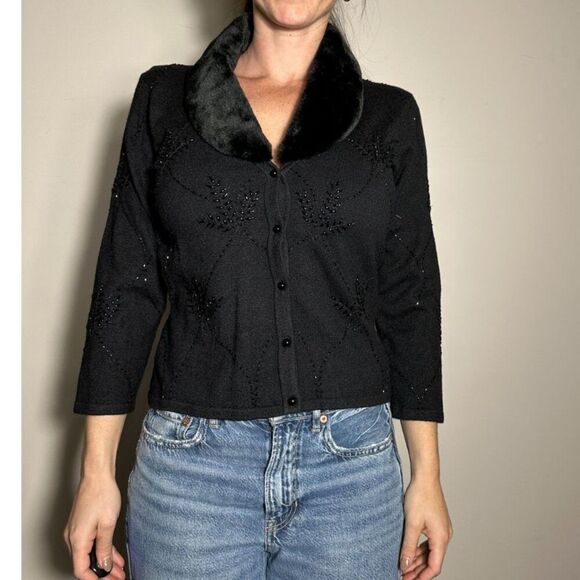 Vintage y2k cache gorgeous beaded velvet collar button up cardigain size large - Picture 1 of 3